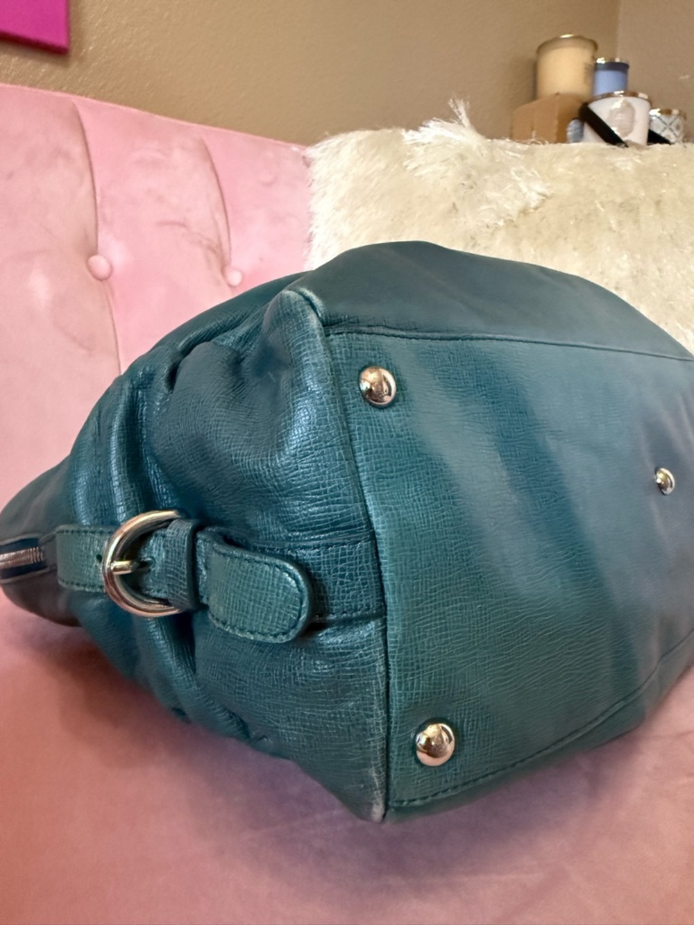 Authentic FURLA Teal Green Leather Satchel Shoulder Bag w Silver Hardware - Picture 13 of 16